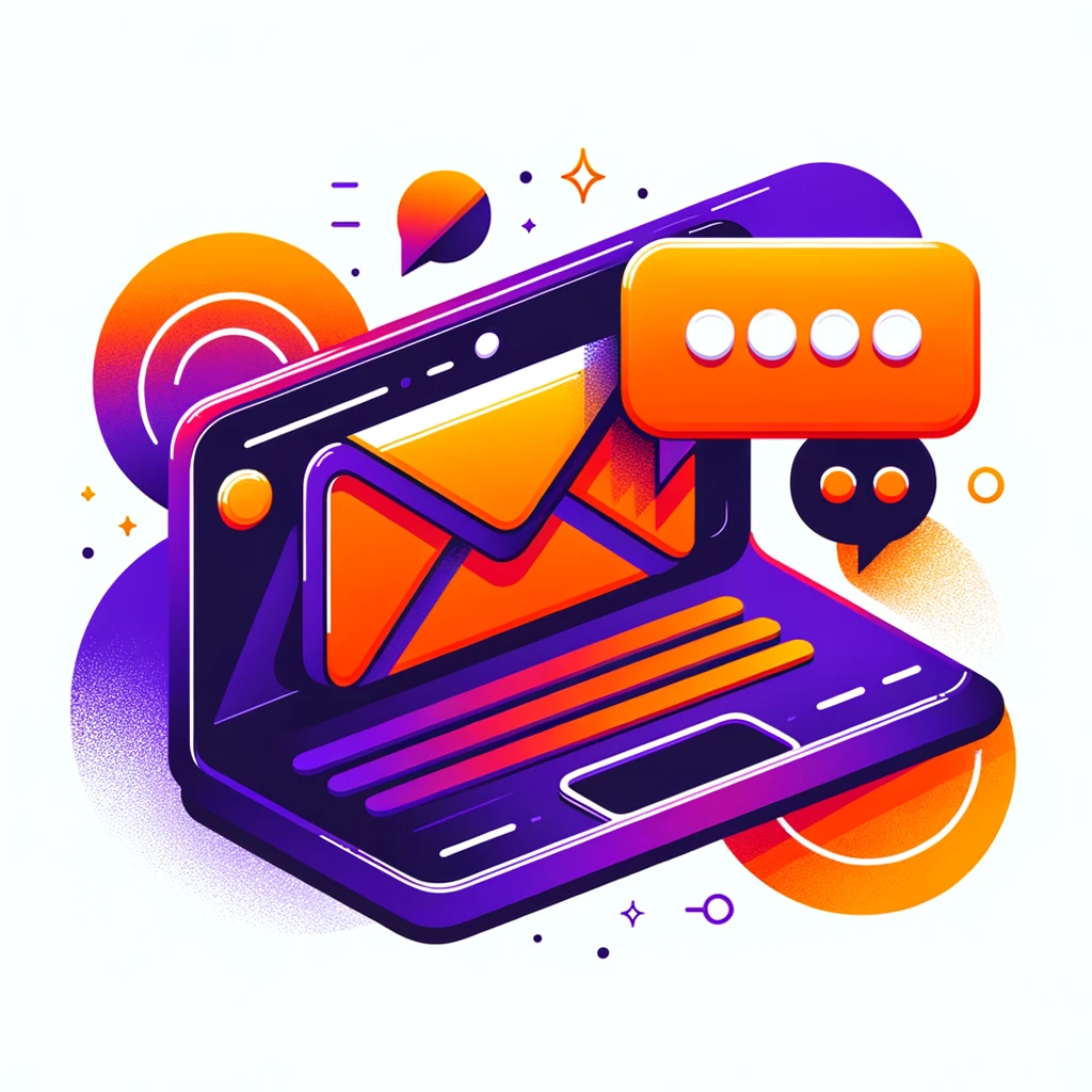 Illustration moderne pour un formulaire de contact avec des couleurs vives comme l'orange et le violet, représentant une enveloppe et des bulles de discussion, symbolisant la communication et la collaboration.